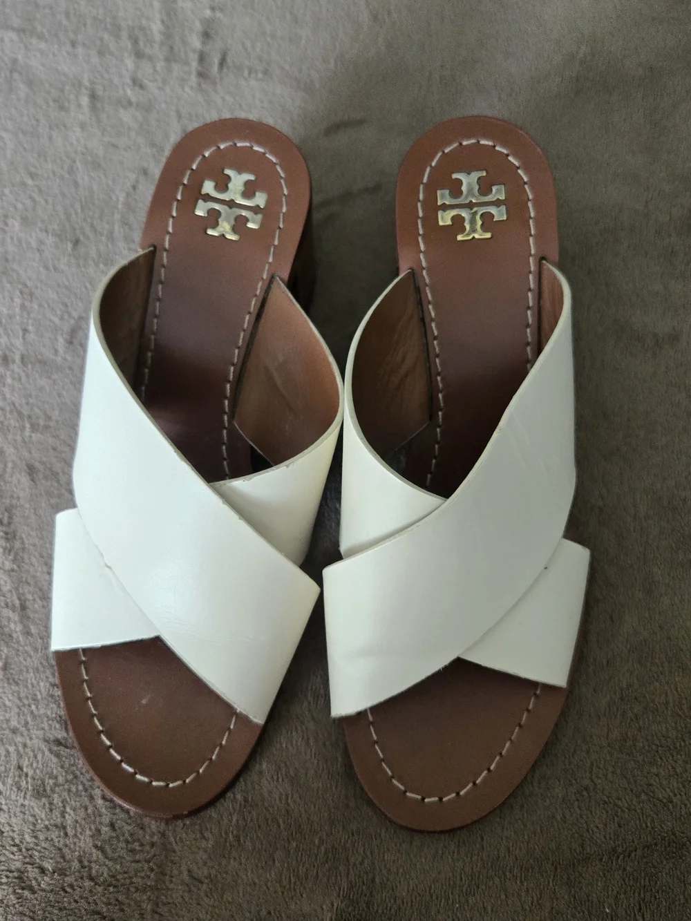 Tory Burch White Leather Crisscross Slide Sandals